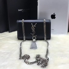 Kožená kabelka YSL s malým střapcem 17 cm, černo-stříbrná