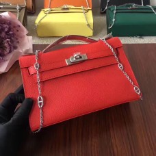 Hermes Mini Kelly 22cm Epsom kožená taška červená stříbrná s řetízkovým popruhem