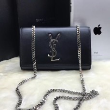 YSL Hladká kožená kabelka s řetízkem 22 cm černo-stříbrná