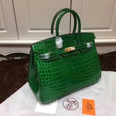 Hermes Birkin 35cm kabelka z krokodýlí kůže zelená zlatá