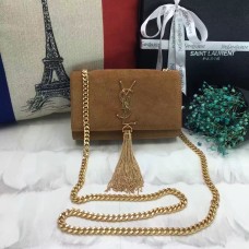 YSL malá řetízková kabelka s střapcem 17 cm, semišová kůže, velbloudí barva
