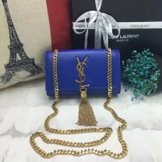 Kožená kabelka YSL s malým střapcem 17 cm modrá