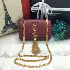 Kožená kabelka YSL s malým střapcem a řetízkem 17 cm vínová