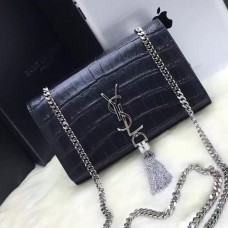 YSL kabelka s řetízkem a střapcem 22 cm, krokostříbřitá, černá a stříbrná