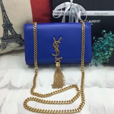 Kabelka s řetízkem YSL Tassel 22cm, hladká kůže, modro-zlatá