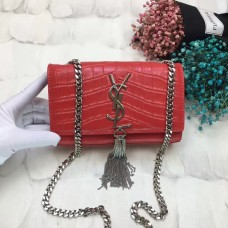 YSL kabelka s řetízkem a střapcem 17 cm, krokostříbřitě červená a stříbrná