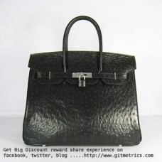 Hermes Birkin 35cm kabelky s pštrosími žilkami černo-stříbrné