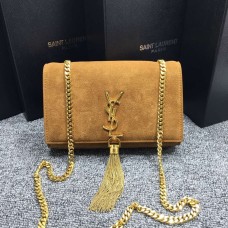 YSL kabelka s řetízkem a střapcem 22 cm, semišová kůže, velbloudí barva
