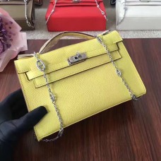 Hermes Mini Kelly 22cm Epsom kožená taška žlutá stříbrná s řetízkovým popruhem