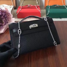 Hermes Mini Kelly 22cm Epsom kožená taška černá stříbrná s řetízkovým popruhem