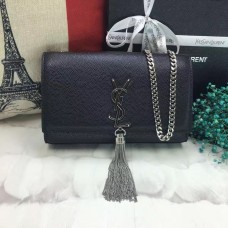 YSL kabelka s řetízkem a střapcem 22 cm, kaviárová kůže, černo-stříbrná