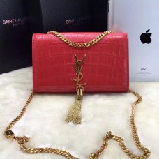 YSL kabelka s řetízkem a střapcem 22 cm, krokostříle červená a zlatá