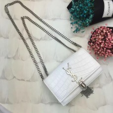 YSL kabelka s řetízkem a střapcem 17 cm, krokodílí bílá a stříbrná