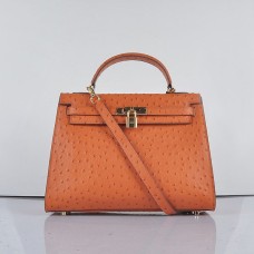 Hermes Kelly 32cm Pštrosí žíla 6108 Oranžová Zlatá