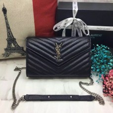 YSL Kabelka do obálky Caviar Leather Black Silver Chain 23cm